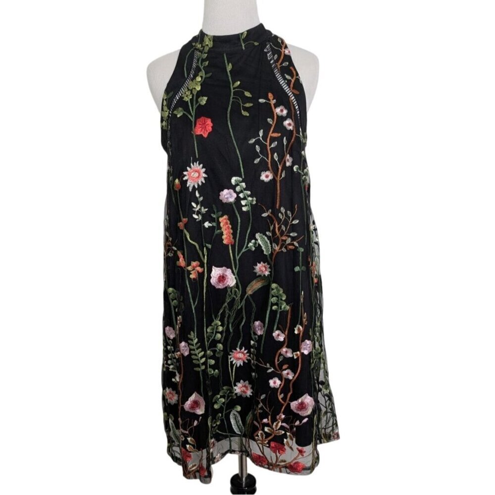 Cato Embroidered Floral Dress Womens Size Medium Black Lined Sleeveless Sheath - Picture 1 of 13
